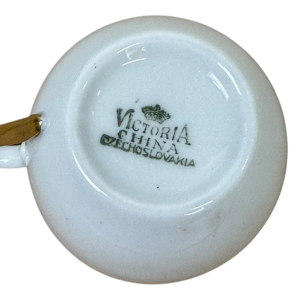Vintage Victoria China‎ Czechoslovakia Cup Saucer Set White Gold Encrusted Trim